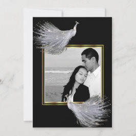 Peacock Elegance Black, Gold Wedding Invitation Kaart