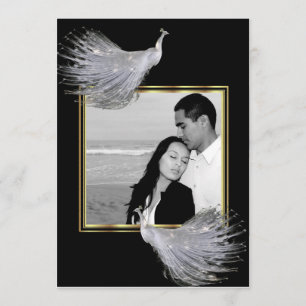 Peacock Elegance Black, Gold Wedding Invitation Kaart