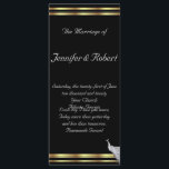 Peacock Elegance in zwart goud en wit programma Programmakaart<br><div class="desc">Dit prachtige en elegante ontwerp, genaamd Peacock Elegance in Black, Gold and White Wedding, heeft een zwarte achtergrond. Er is een gouden grens om je foto aan de voorkant te lijsten met twee witte pauzes aan de andere hoeken. Jouw tekst gaat achterin. Dit zou perfect zijn voor je bruiloft of...</div>