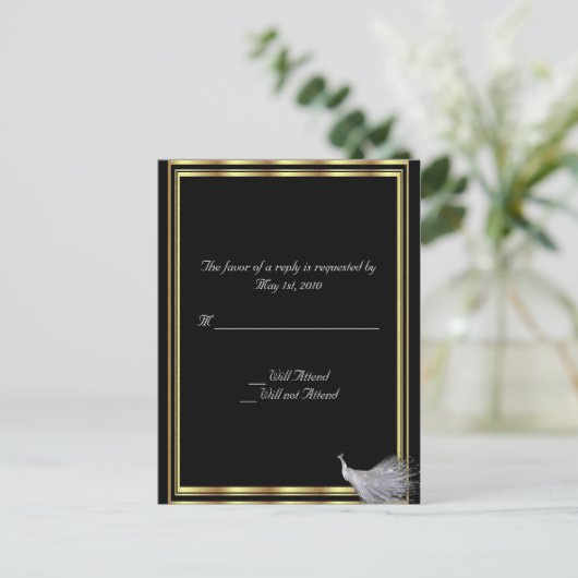 Peacock Elegance in zwart, goud en wit Uitnodiging Briefkaart (Staand voorkant)