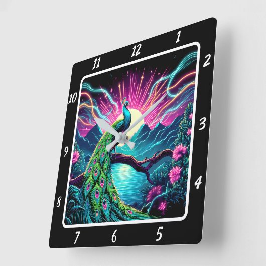 Peacock Elegance Neon Vierkante Klok (Hoek)