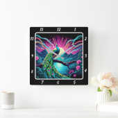 Peacock Elegance Neon Vierkante Klok (Huis)