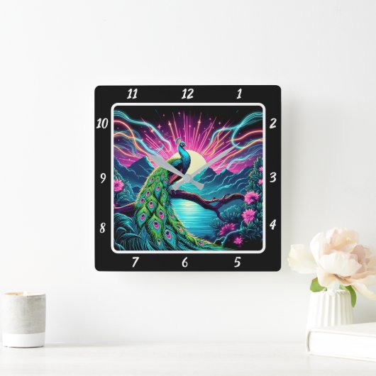 Peacock Elegance Neon Vierkante Klok (Huis)