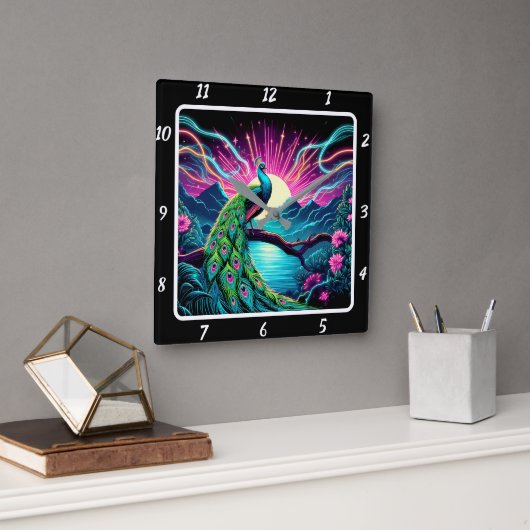 Peacock Elegance Neon Vierkante Klok (Kantoor)