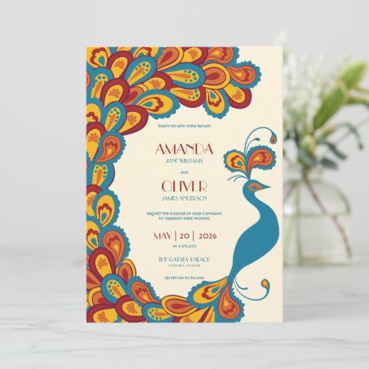 Peacock Elegance Veelkleurige Vintage bruiloft Kaart (Staand voorkant)