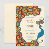 Peacock Elegance Veelkleurige Vintage bruiloft Kaart (Voorkant / Achterkant)