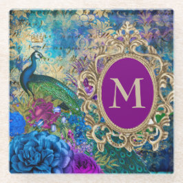 Peacock Elegant  Paars Blauwgroen goudmonogram Glazen Onderzetter