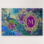 Peacock Elegant  Paars Blauwgroen goudmonogram Legpuzzel (Horizontaal)