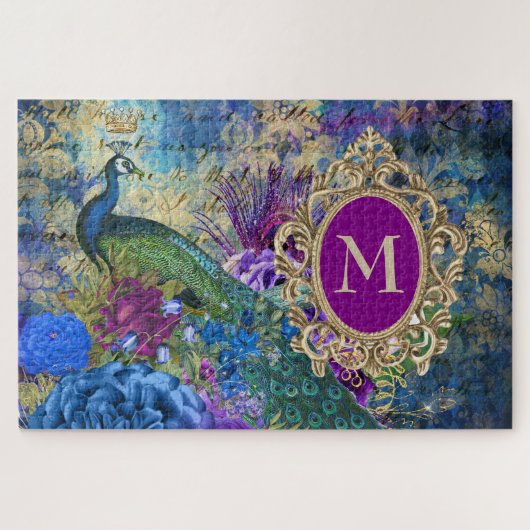 Peacock Elegant  Paars Blauwgroen goudmonogram Legpuzzel (Horizontaal)
