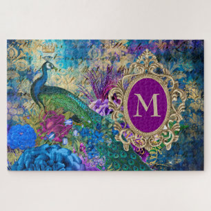 Peacock Elegant Paars Blauwgroen goudmonogram Legpuzzel
