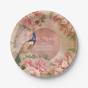 Peacock Elegant Roze Pioen Baby shower Papieren Bordje