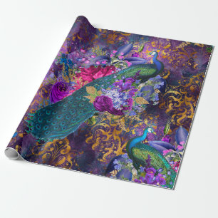 Peacock en bloemen op Paars Cadeaupapier