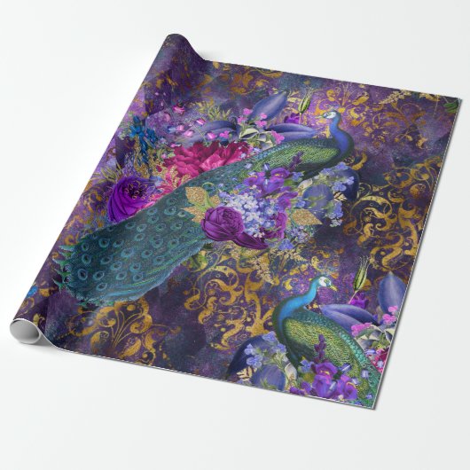 Peacock en bloemen op Paars Cadeaupapier (Uitgerold)