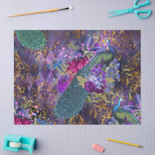 Peacock en bloemen op Paarse ontkoppeling Tissuepapier (Craft)