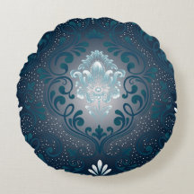 Peacock en Cyan Damask Rond Kussen