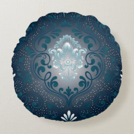 Peacock en Cyan Damask Rond Kussen