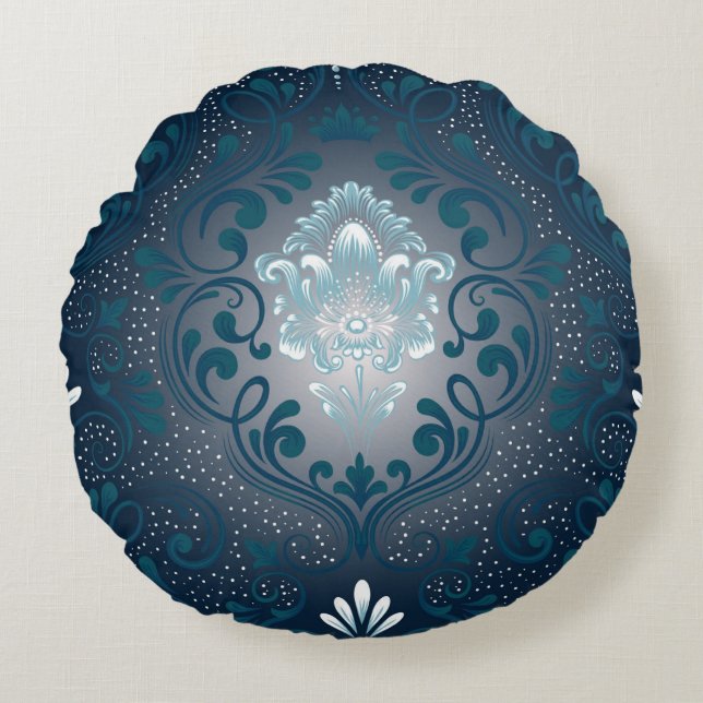 Peacock en Cyan Damask Rond Kussen (Voorkant)