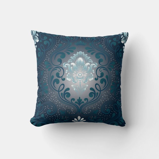 Peacock en Cyan Damask Square Pillow Kussen (Voorkant)