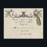 Peacock- en Etchings-RSVP-kaart RSVP Kaartje<br><div class="desc">Deze elegante en verfijnde huwelijksuitnodiging RSVP-reactiekaart combineert het beste van traditie en de versheid van de hedendaagse. Het mengen van kunstelementen en het hedendaagse kunstwerk van de waterverf hand geschilderd door Audrey Jeanne Roberts geeft een prachtige en tijdloze kwaliteit aan deze uitnodiging. Een statelijke Peacock rusteert op elegante, geëtste rondjes...</div>