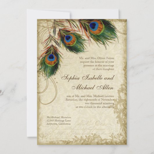 Peacock en Feathers Foral Wedding Tea Sved Kaart (Achterkant)