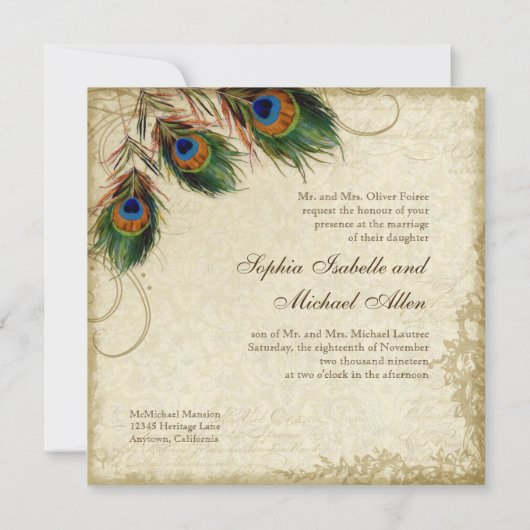 Peacock en Feathers Foral Wedding Tea Sved Kaart (Achterkant)