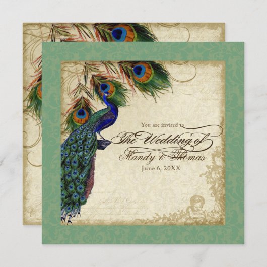 Peacock en forenformule voor het huwelijk Nodig gr Kaart (Voorkant / Achterkant)