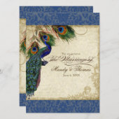 Peacock en forether Plechtige bruiloft Invite Navy Kaart (Voorkant / Achterkant)