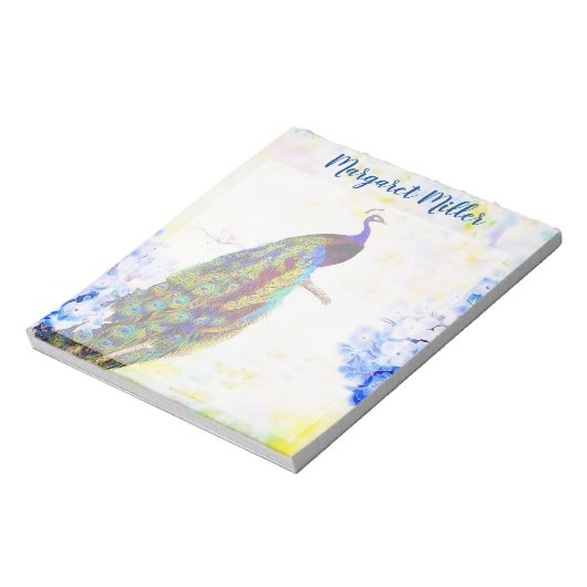 Peacock en hydrangea, gepersonaliseerd notitieblok (Linkerzijde)