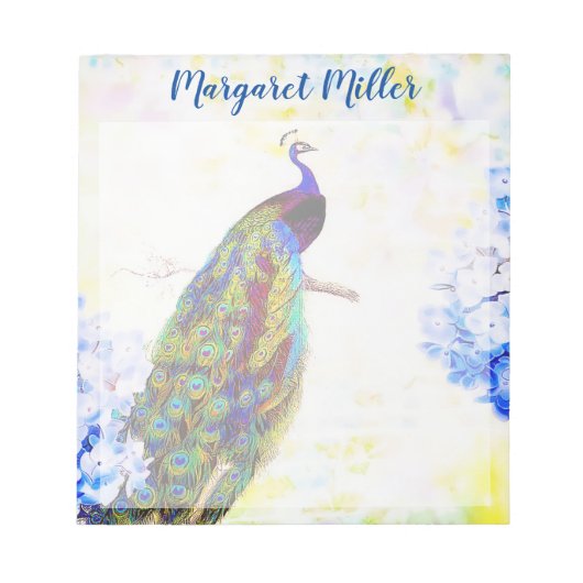 Peacock en hydrangea, gepersonaliseerd notitieblok (Voorkant)