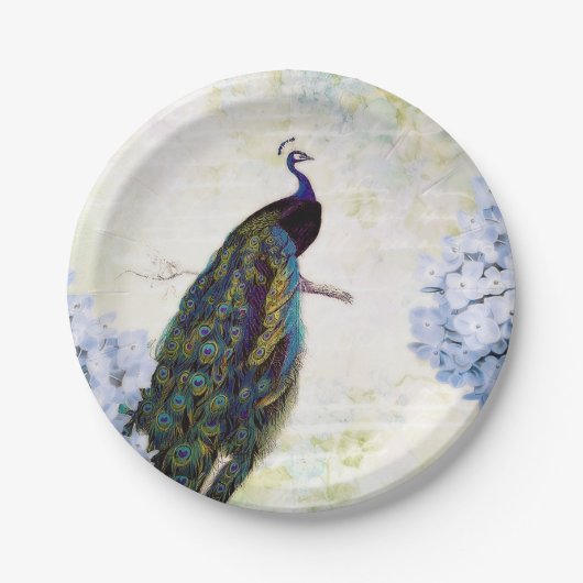 Peacock en hydrangea papieren bordje (Voorkant)