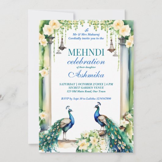 Peacock en jasmijn Indiase bruiloft mehndi sjabloo Kaart (Voorkant)