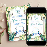 Peacock en jasmijn Indiase bruiloft opslaan de dat Kaart<br><div class="desc">Peacock en jasmijn indiaanse bruiloft opslaan de datum sjabloon uitnodiging direct digitale download,  twee pauwen in jasmijn tuin,  jasmijn gajra en  lampslingers bruiloft uitnodiging voor een pauwentuin thema bruiloft opslaan de datum uitnodiging.</div>