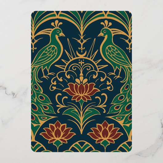 Peacock en Lotus bruiloft Elegant Deco Regal Blue Folie Uitnodiging (Achterkant)