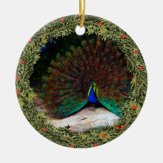 Peacock en Peacock Butterfly Keramisch Ornament (Voorkant)