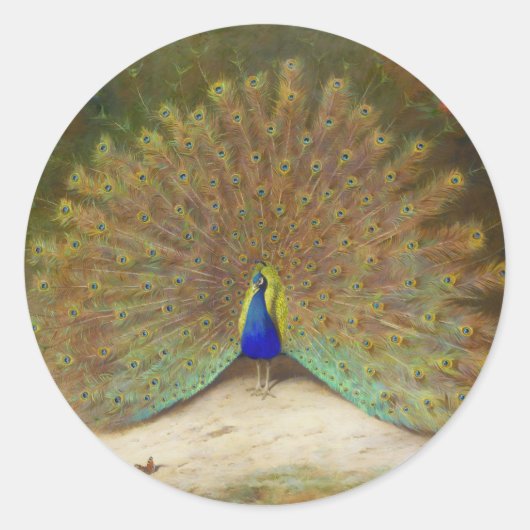 Peacock en Peacock Vlinder, Kunstillustratie Ronde Sticker (Voorkant)