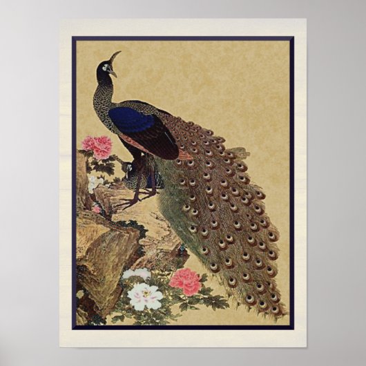 Peacock en Peonies  Japanse fijne kunst Poster (Voorkant)