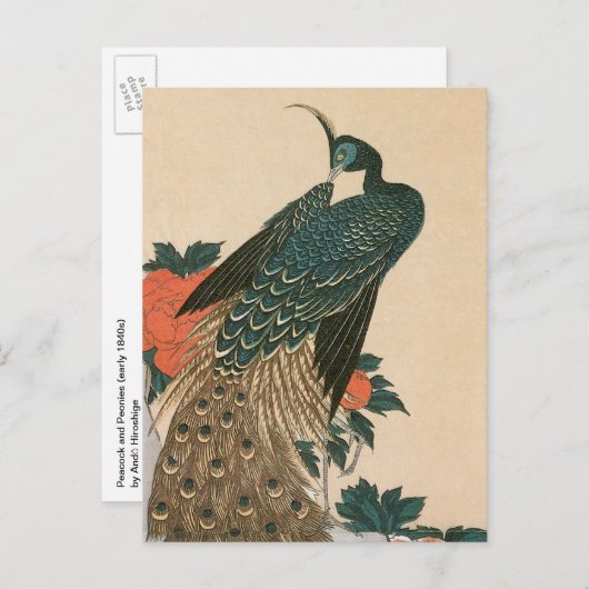 Peacock en pioenen door Hiroshige bruiloft Aankondigingskaart (Voorkant / Achterkant)