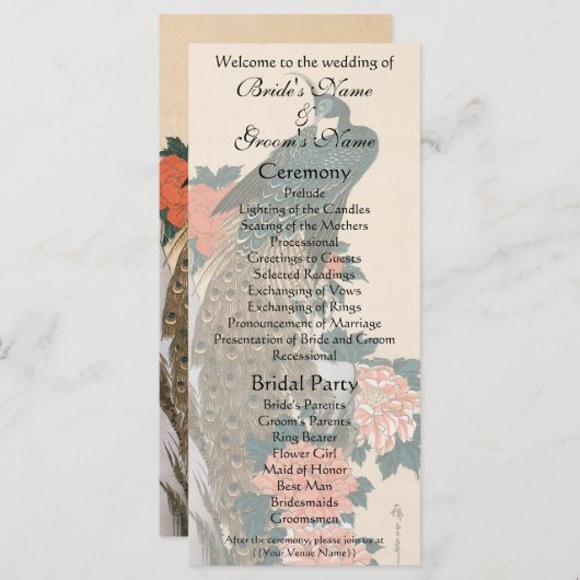 Peacock en pioenen door Hiroshige bruiloft Programmakaart (Voorkant / Achterkant)