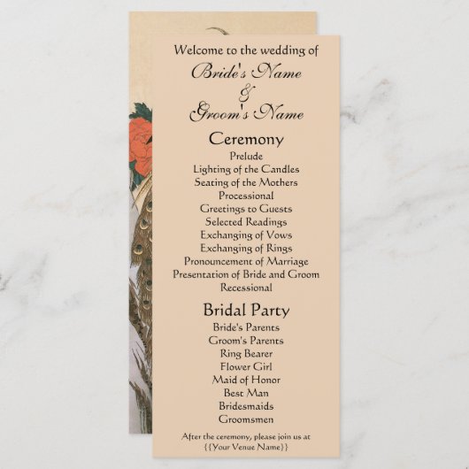 Peacock en pioenen door Hiroshige bruiloft Programmakaart (Voorkant / Achterkant)