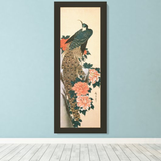 Peacock en pony's van Hiroshige, Japanse kunst Canvas Afdruk (Insitu (Houten vloer))