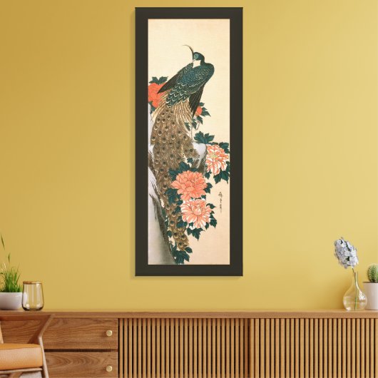 Peacock en pony's van Hiroshige, Japanse kunst Canvas Afdruk (Insitu (Woonkamer))
