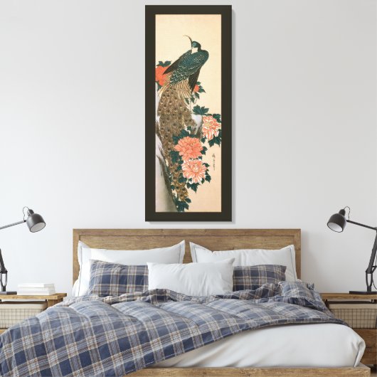 Peacock en pony's van Hiroshige, Japanse kunst Canvas Afdruk (Insitu (Slaapkamer))