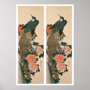 Peacock en pony's van Hiroshige, Japanse kunst Poster