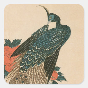 Peacock en pony's van Hiroshige, Japanse kunst Vierkante Sticker