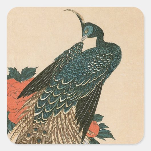 Peacock en pony's van Hiroshige, Japanse kunst Vierkante Sticker (Voorkant)