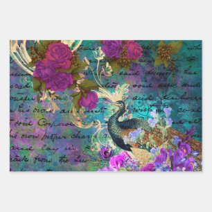 Peacock en Purple Flowers Inpakpapier Vel