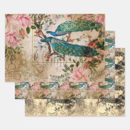 Peacock en Roze Magnolia Langere  Ephemera Inpakpapier Vel