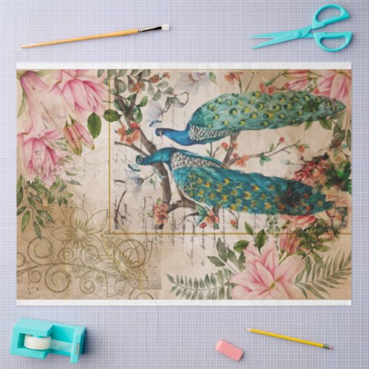 Peacock en Roze Magnolia Langere  Ephemera Tissuepapier (Craft)