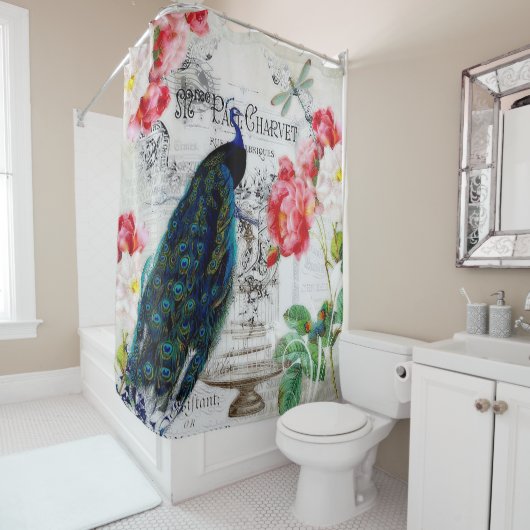 Peacock en rozen douchegordijn (In situ)