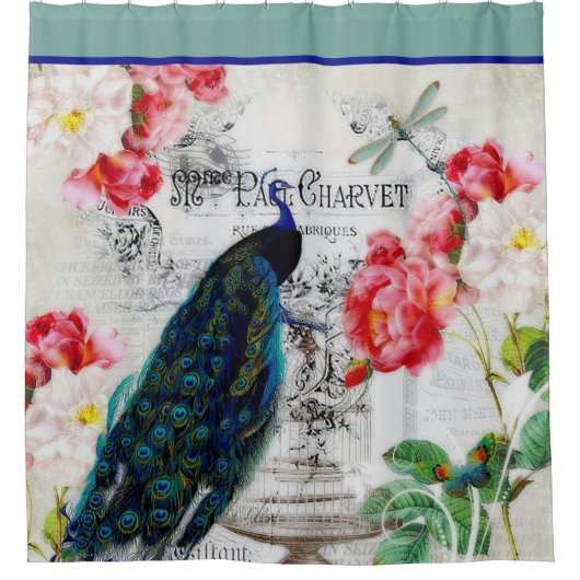  Peacock- en rozen douchegordijn (Voorkant)